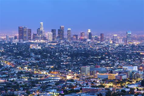 Cityscape Of The Los Angeles Skyline At Dusk Los Angeles California United States Of America
