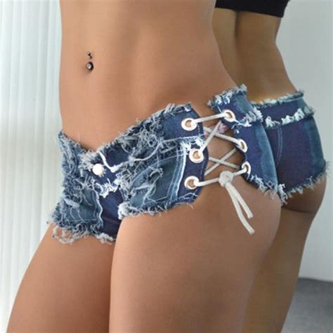 2019 Sexy Nightclub Girls Low Waist Denim Thong Shorts Micro Mini Jeans