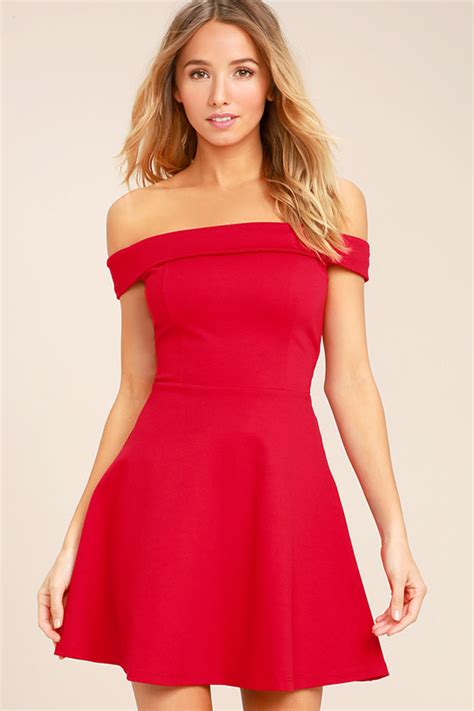 Cute Red Dress Off The Shoulder Dress Skater Dress Lulus