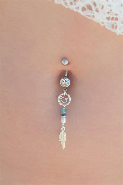 T Idea Silver Dream Catcher Feather Pendant And Pearl Belly Button Piercing Navel Ring In