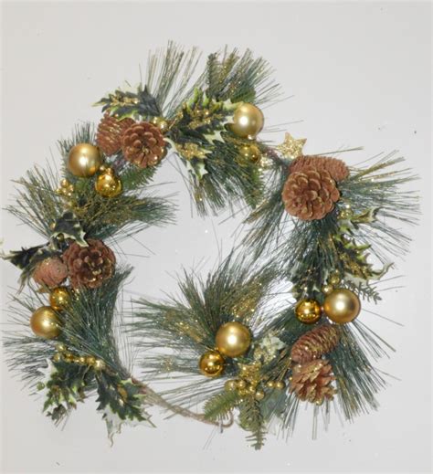 Gold Christmas Garland With Pine Cones Holly And Baubles