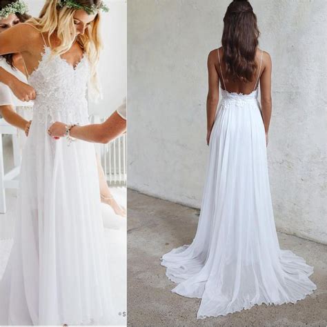 Spaghetti Straps White Long Chiffon Lace Beach Wedding Dresses Wedding Dress Simple Cheap Summer