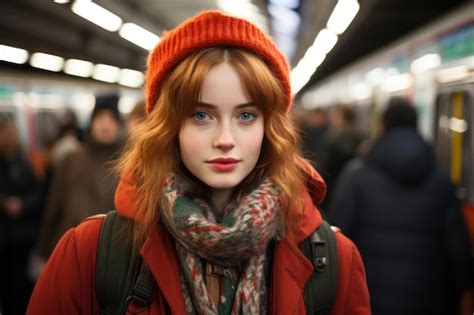 Premium Ai Image A Woman With Red Hair And A Beanie Standing In Front