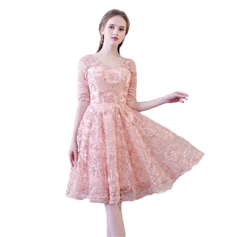 Pink Lace Knee Length Cocktail Dress Women Mini Party Dress Banquet Formal Gowns In Cocktail