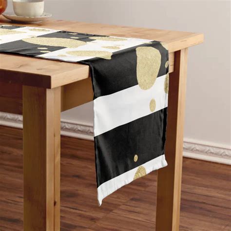Faux Gold Paint Splatter On Black And White Stripes Short Table Runner