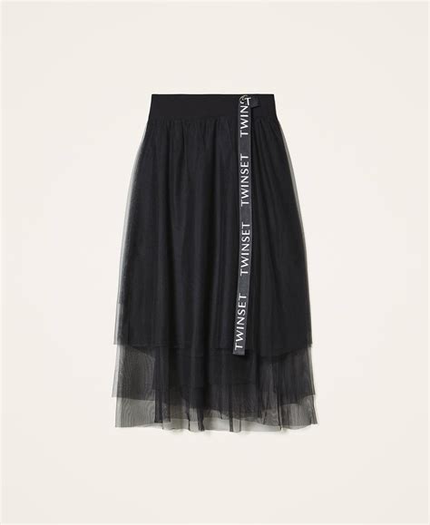 Long Tulle Skirt With Logo Woman Black Twinset Milano