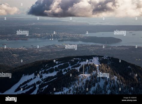 Aerial View Of Grouse Mountain And Vancouver Downtown City Bc Canada