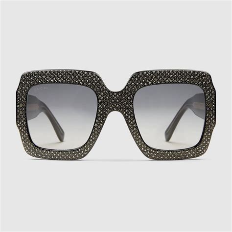 Gucci Oversize Square Frame Rhinestone Sunglasses Black Acetate