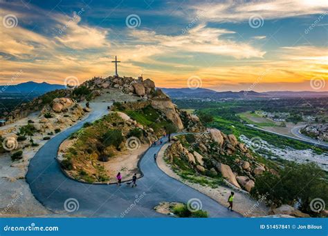 The Cross And Trails At Sunset At Mount Rubidoux Park Stock Image