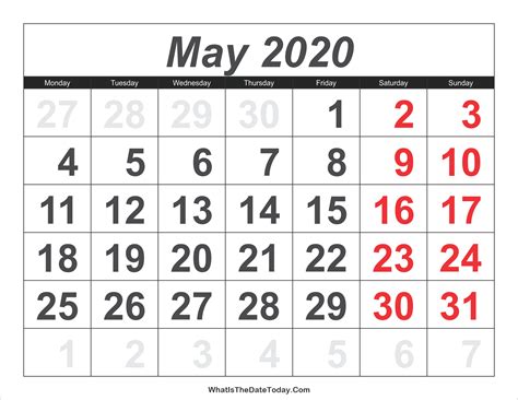 2020 Calendar May With Large Numbers Whatisthedatetodaycom