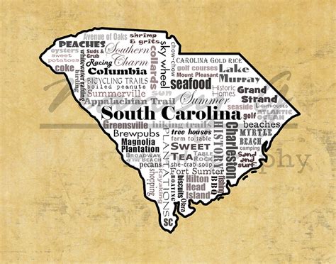 South Carolina Word Art Typography Map South Carolina Etsy