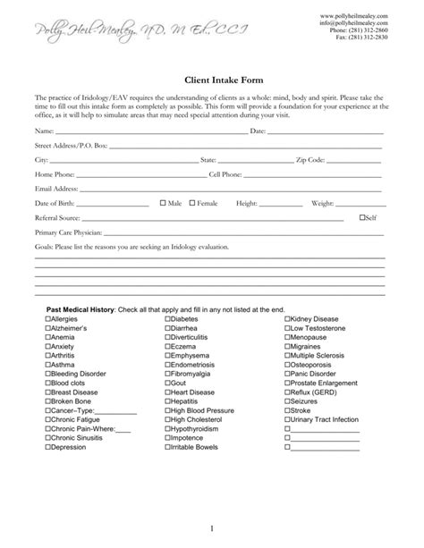New Client Intake Form Template Free