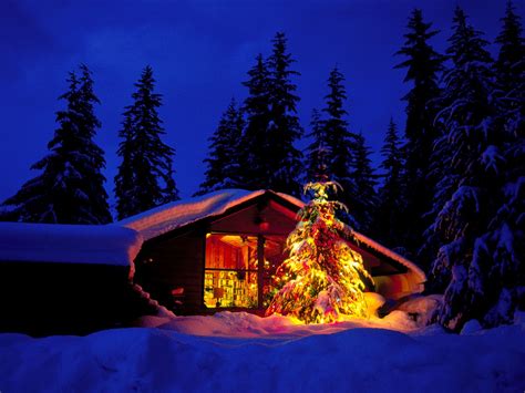 Christmas Cabin And Tree In Deep Snow Christmas Landscapes