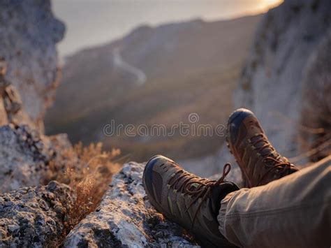 Close Up View On Male Feet Wearing Hiking Boots Stock Image Image Of