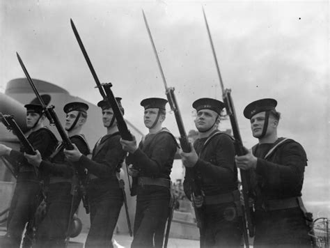 Sailors conducting bayonet drill aboard HMS Rodney, Firth of Forth