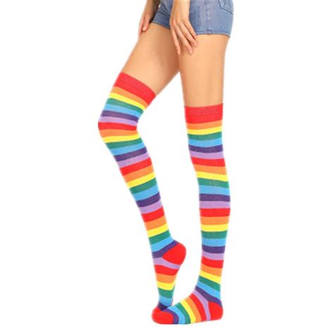 colorful rainbow women s stockings cotton stripe lengthened large size over the knee socks thigh