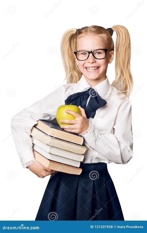 Schoolkind Gelukkig Meisje In De Boeken Van De Glazenholding En Wit