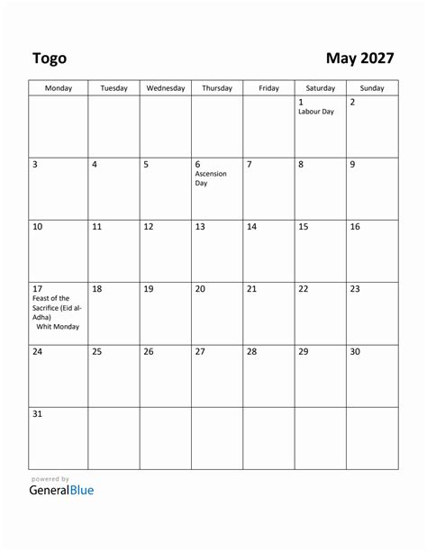 Free Printable May 2027 Calendar For Togo