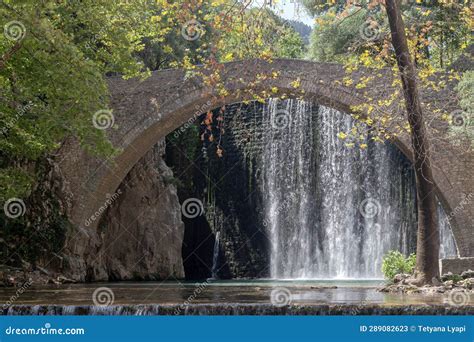 Stone Arch Bridge Of Paleokaria And Waterfall Trikala Greece Stock