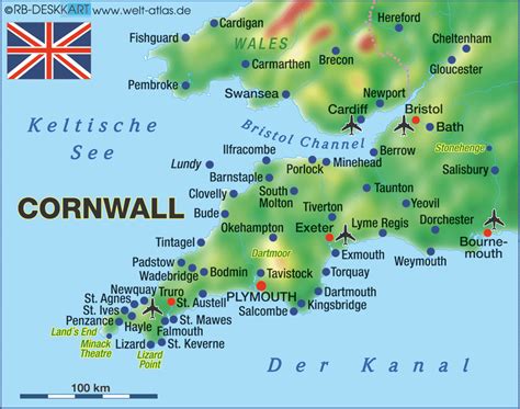 During the 6th and 7th centuries it extended into most of southern england. Map of Cornwall (Region in United Kingdom) | Welt-Atlas.de