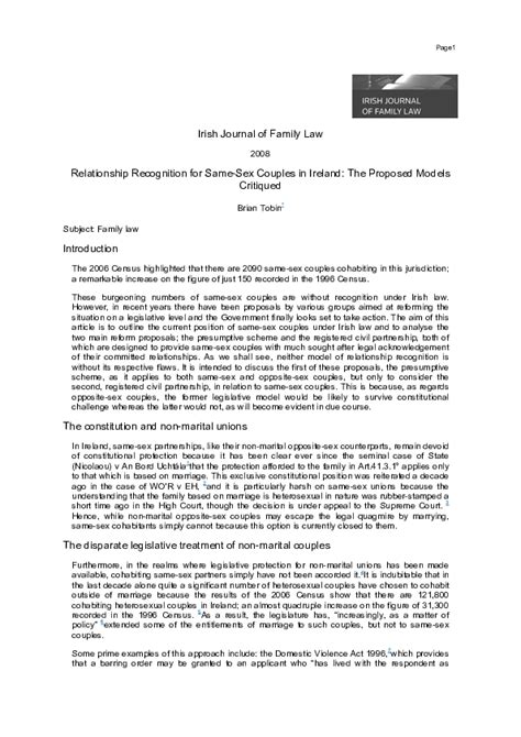 Pdf Relationship Recognition For Same Sex Couples In Ireland The Proposed Models Critiqued