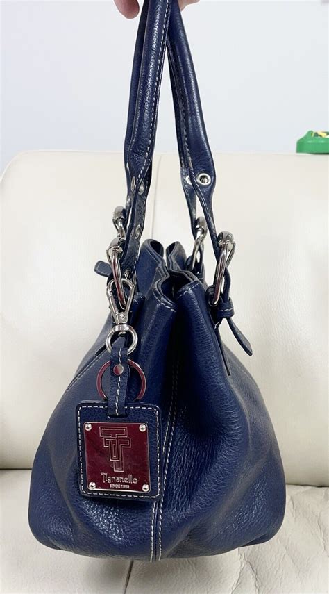 TIGNANELLO Navy Blue Pebble Grain Leather Handbag Satchel Purse