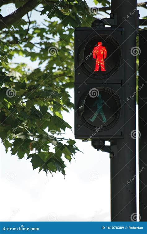 Traffic Light For Pedestrians With Lit Red Man Don T Walk Sign Stock