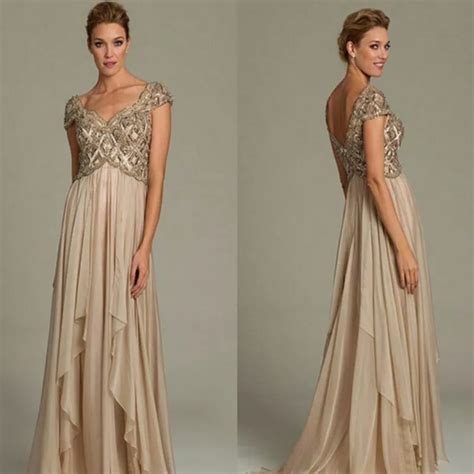 Long Mother Of The Bride Dresses Champagne Gold Crystal Beads Formal