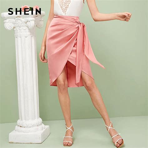 Shein Wrap Knot Draped Satin Skirts Womens Solid Pink Asymmetrical Mid