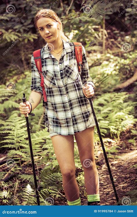 Beautiful Woman Hiking Stock Photo Image Of Retro Sticks 91995784