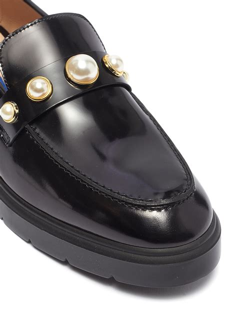 Stuart Weitzman Suki Faux Pearl Embellished Leather Loafers In Black