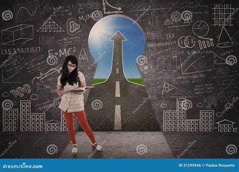 Asian Girl Study In Front Of Keyhole Success Road Stock Illustration