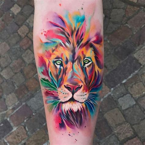 A Colorful Lion Tattoo On The Leg
