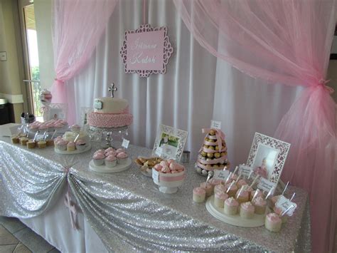 Baby Girl Pink Baptism dessert table cake table | Christening ideas