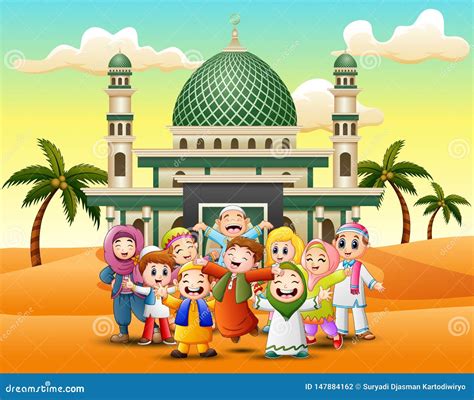 Happy Muslim Kids Cartoon In Front Of A Mosque Stock Vector
