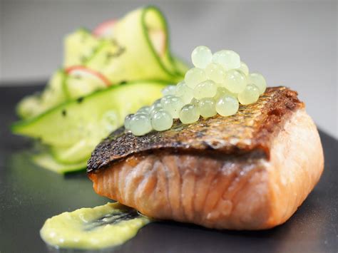Grilled Salmon With Pickled Cucumber Salad And Cucumber And Wasabi
