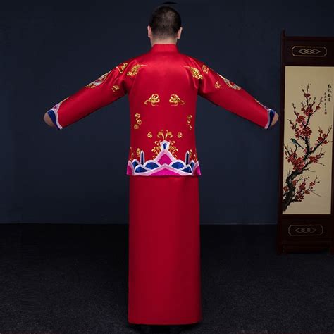 Male Red Cheongsam Toast Costumes Grooms Dress Jacket Long Gown