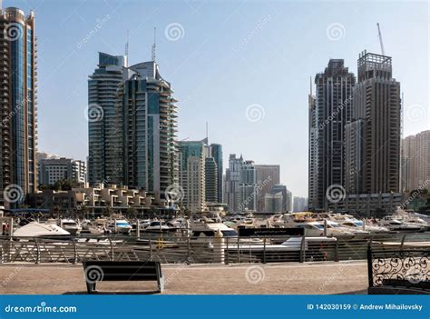 Modern Skyscrapers And Water Pier Of Dubai Marina Editorial Stock Image
