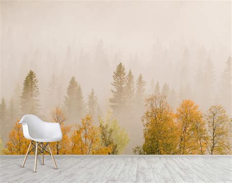 Autumn Forest Wall Mural Wallpaper Landscape Trees With Etsy