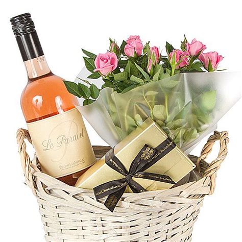 Flowers & wine gifts for your fiance: Rose Wine Gift Basket | Wine hampers, Wine gift baskets ...