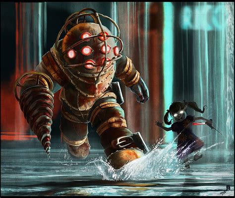 Bioshock Big Daddy And Little Sister Swimming With The Sharks Wood Print Ubicaciondepersonas