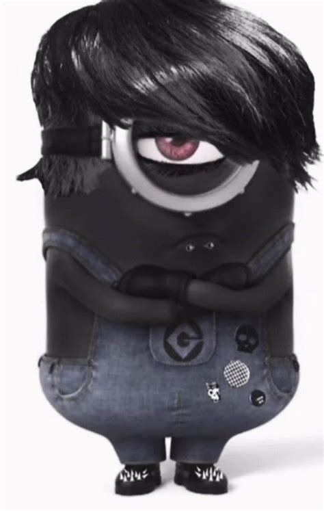A Minion With Black Hair And Red Eyes Is Standing In Front Of A White