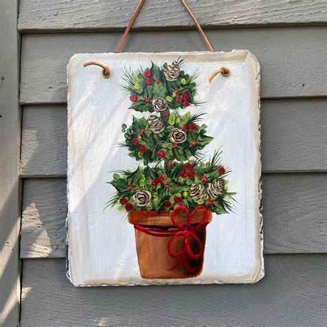 Winter slate tile, Christmas topiary slate sign, Slate painting, Winter door hanger, Slate sign 