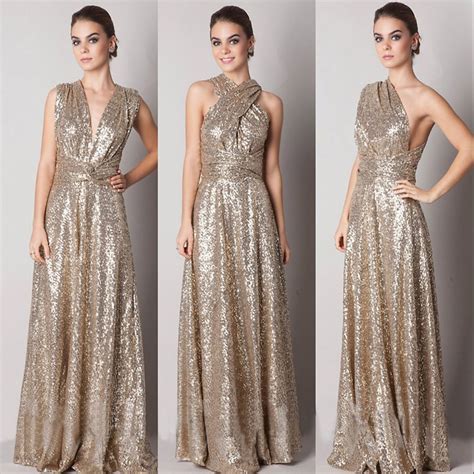 Gold Sequined Convertible Bridesmaid Dress In V Neck Halter One