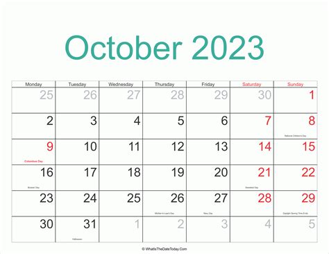 October 2023 Calendar Printable With Holidays Whatisthedatetodaycom