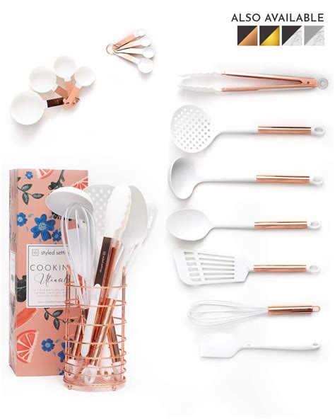 White and Rose Gold Cooking Utensils Set with Holder - 16 ...