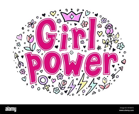 Girl Power Quote Grl Pwr Hand Drawn Set Feminism Lettering Womens Right Female Symbols