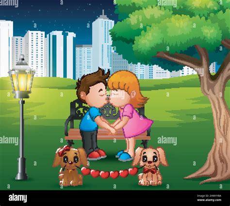 Cartoon Romantic Couple Kissing Under The Tree In A Park Stock Vector Image And Art Alamy