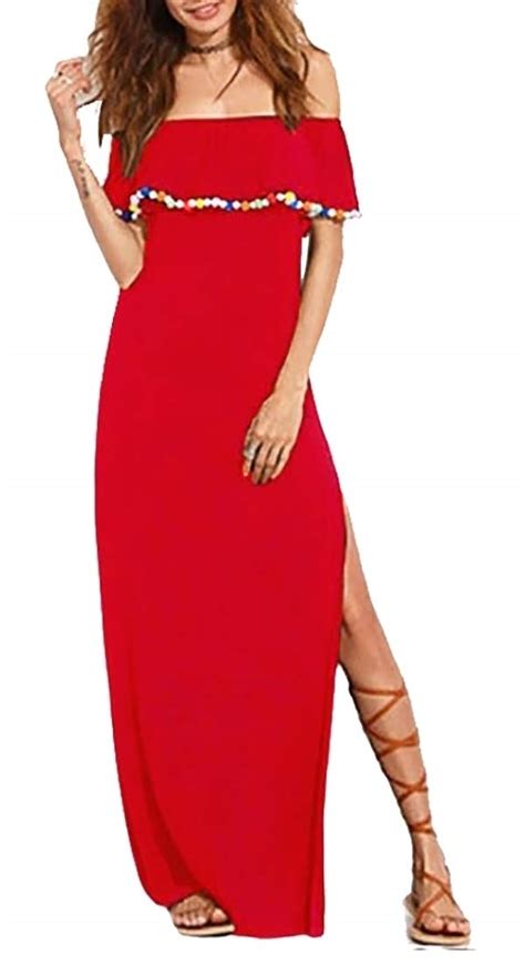 Womens Off The Shoulder Layered Ruffle Party Maxi Dress Red Xxs