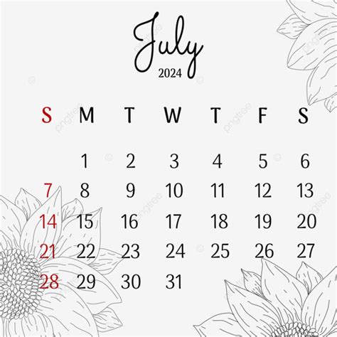 Calendar July 2024 With Aesthetic Flowers Vector Calendar July 2024